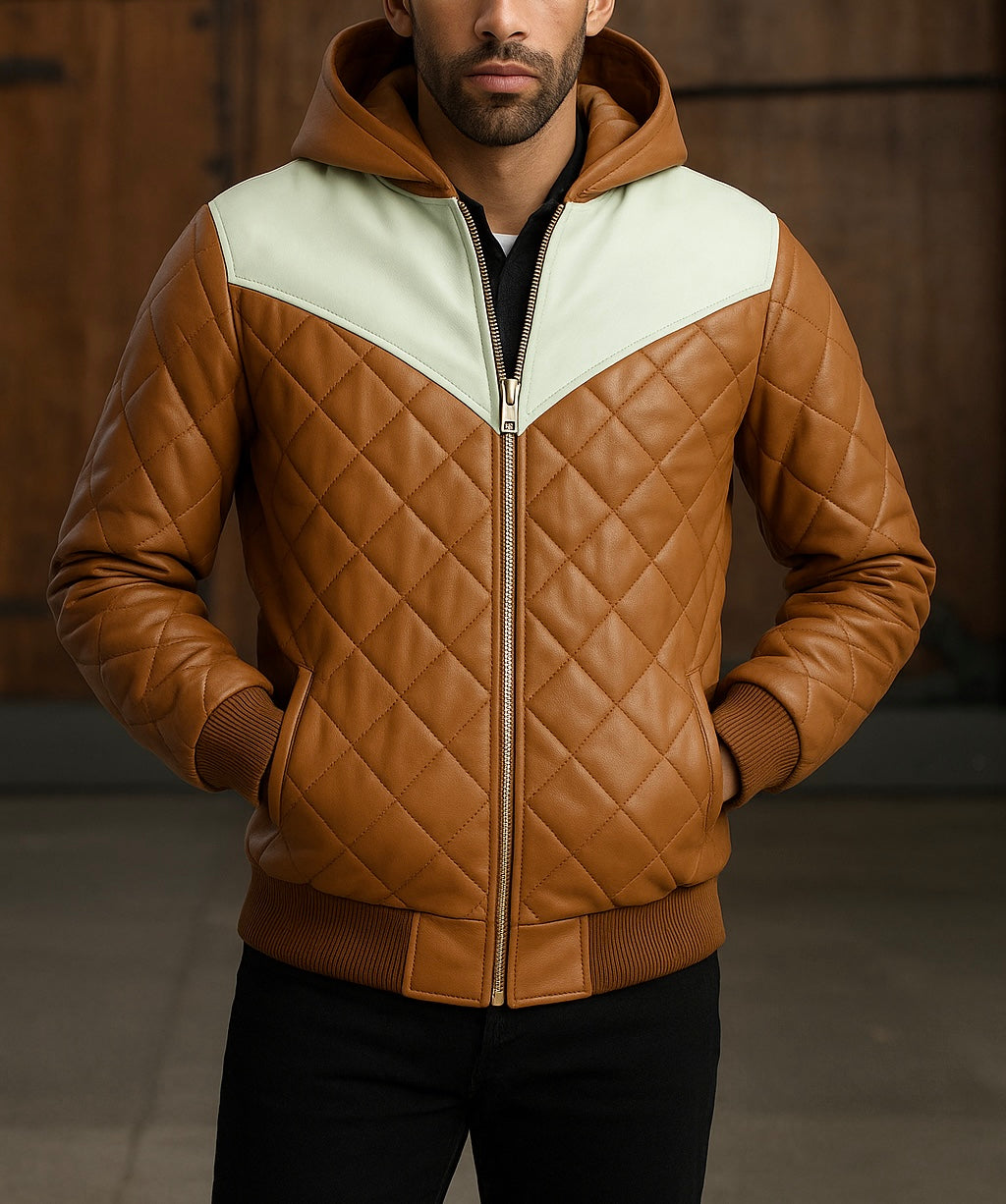 Men's Tan Quilted Leather Hoodie Jacket with Contrast Panel