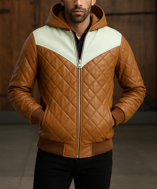 Men's Tan Quilted Leather Hoodie Jacket with Contrast Panel