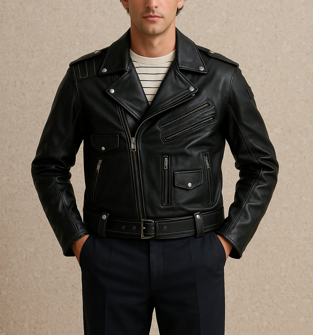 Men's Black Classic Biker Leather Jacket with Belted Waist