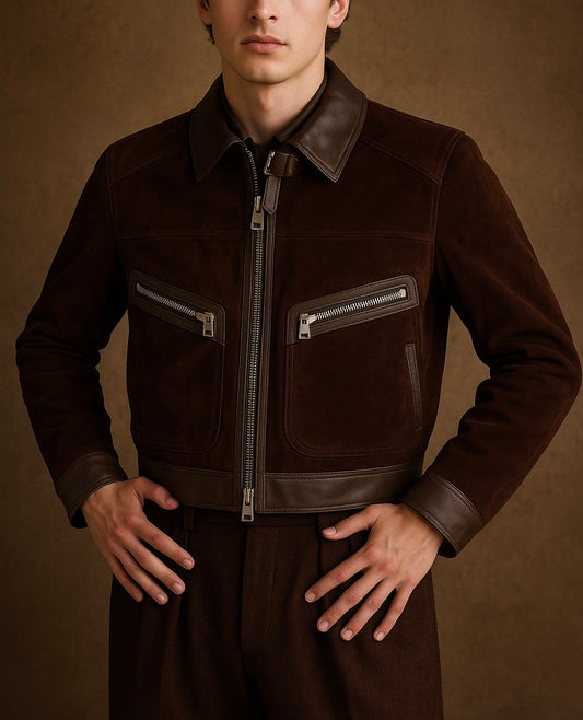 Men's Brown Suede Leather Jacket with Zipper Pockets