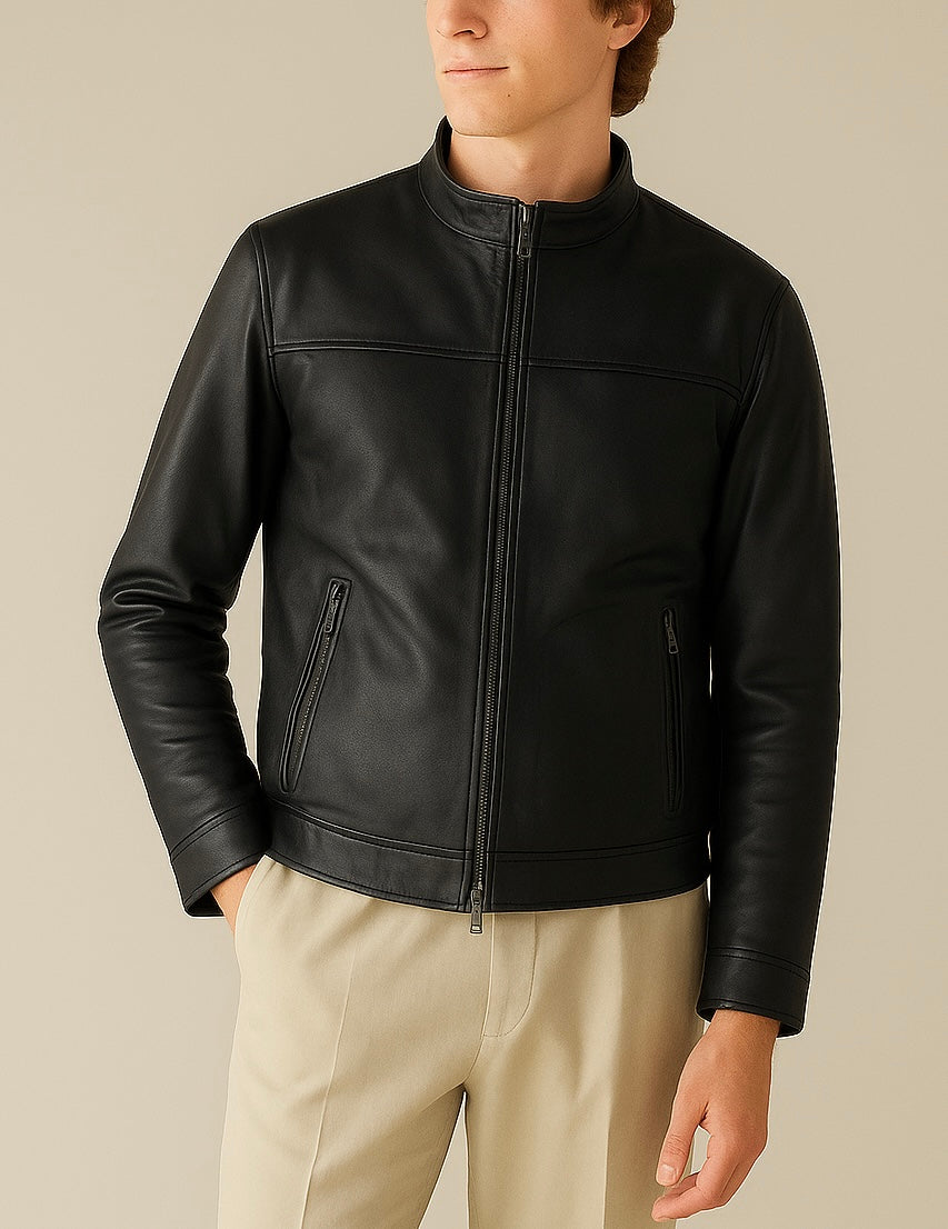 Men's Black Leather Biker Jacket with Stand Collar