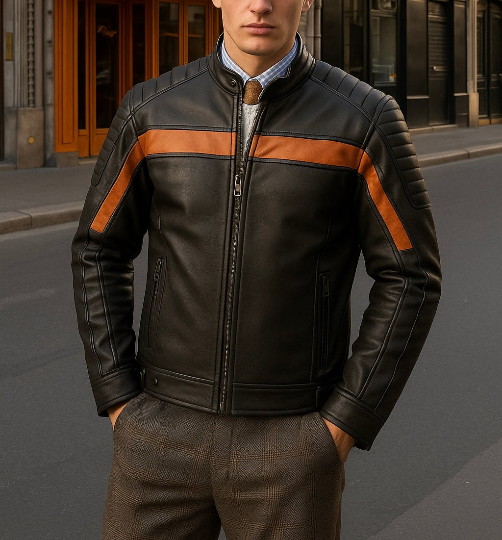 Men's Black Leather Jacket with Brown Racing Stripes