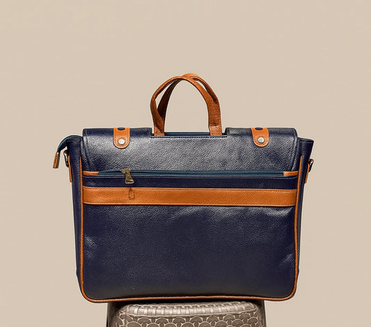 Navy Tan Leather Messenger Bag