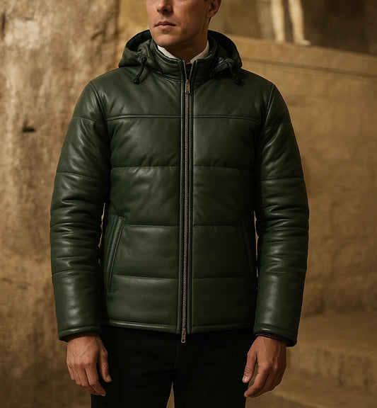 Men's Dark Green Hooded Puffer Leather Jacket