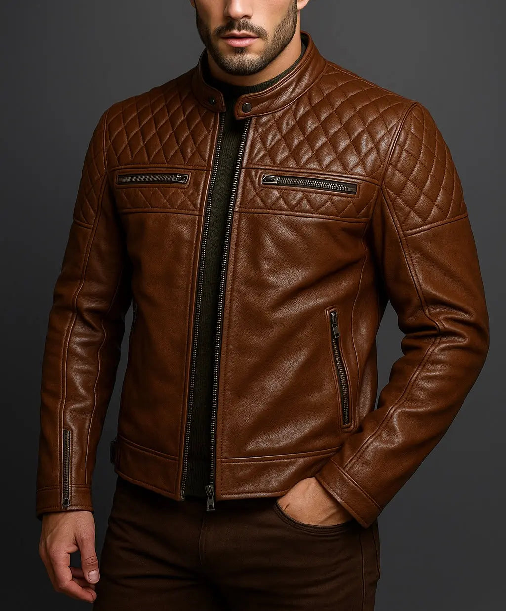 Men's Brown Quilted Biker Leather Jacket Custom Leathers