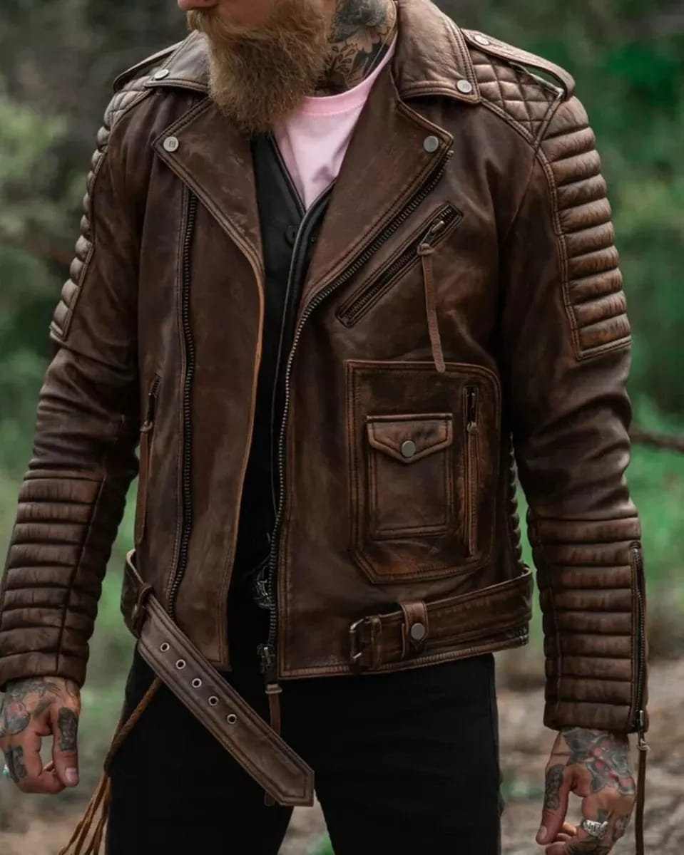 Men's Vintage Brown Distressed Leather Biker Jacket