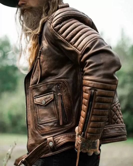 Men's Vintage Brown Distressed Leather Biker Jacket Custom Leathers