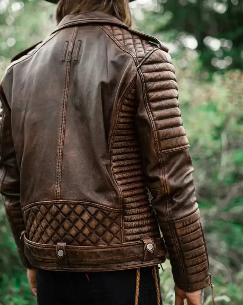 Men's Vintage Brown Distressed Leather Biker Jacket Custom Leathers