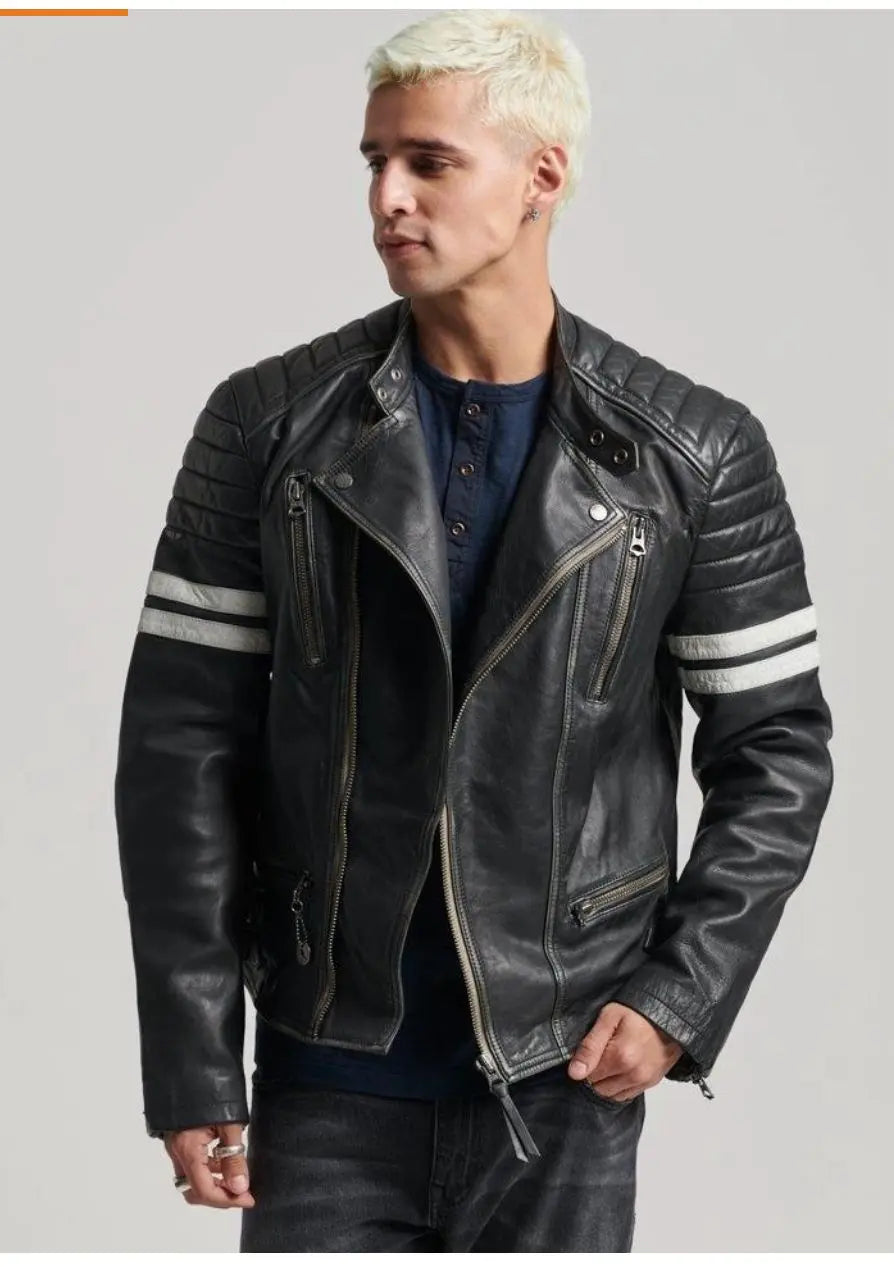 Men's Black Leather Biker Jacket with Quilted Shoulders & Striped Sleeves Custom Leathers