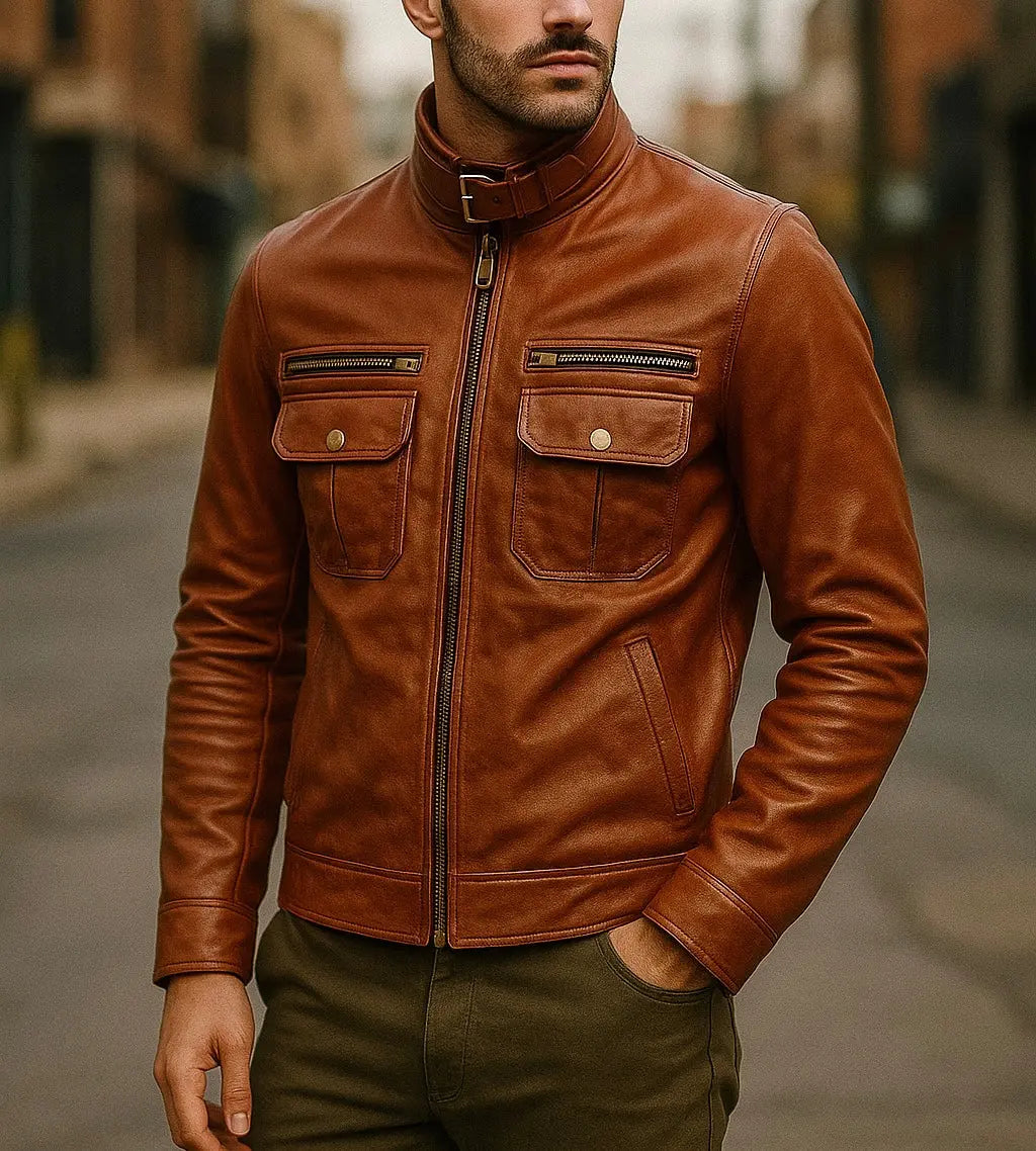 Men's Cognac Brown Leather Jacket with Buckle Collar Custom Leathers