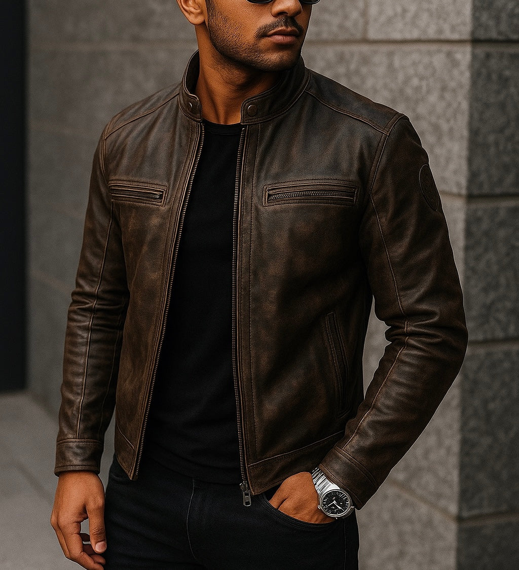 Men's Distressed Dark Brown Leather Jacket with Stand Collar