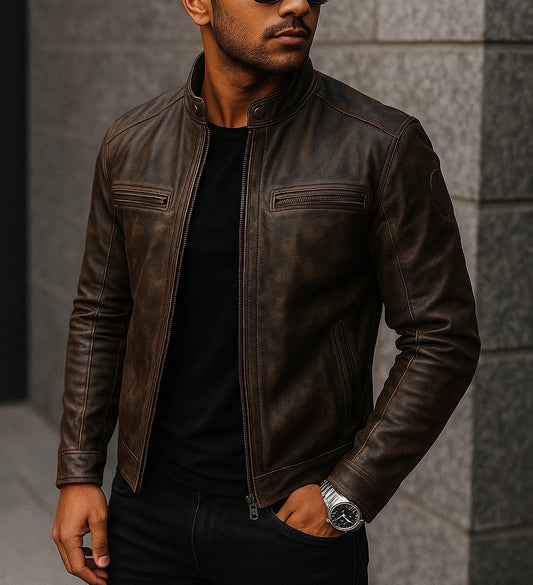 Men's Distressed Dark Brown Leather Jacket with Stand Collar