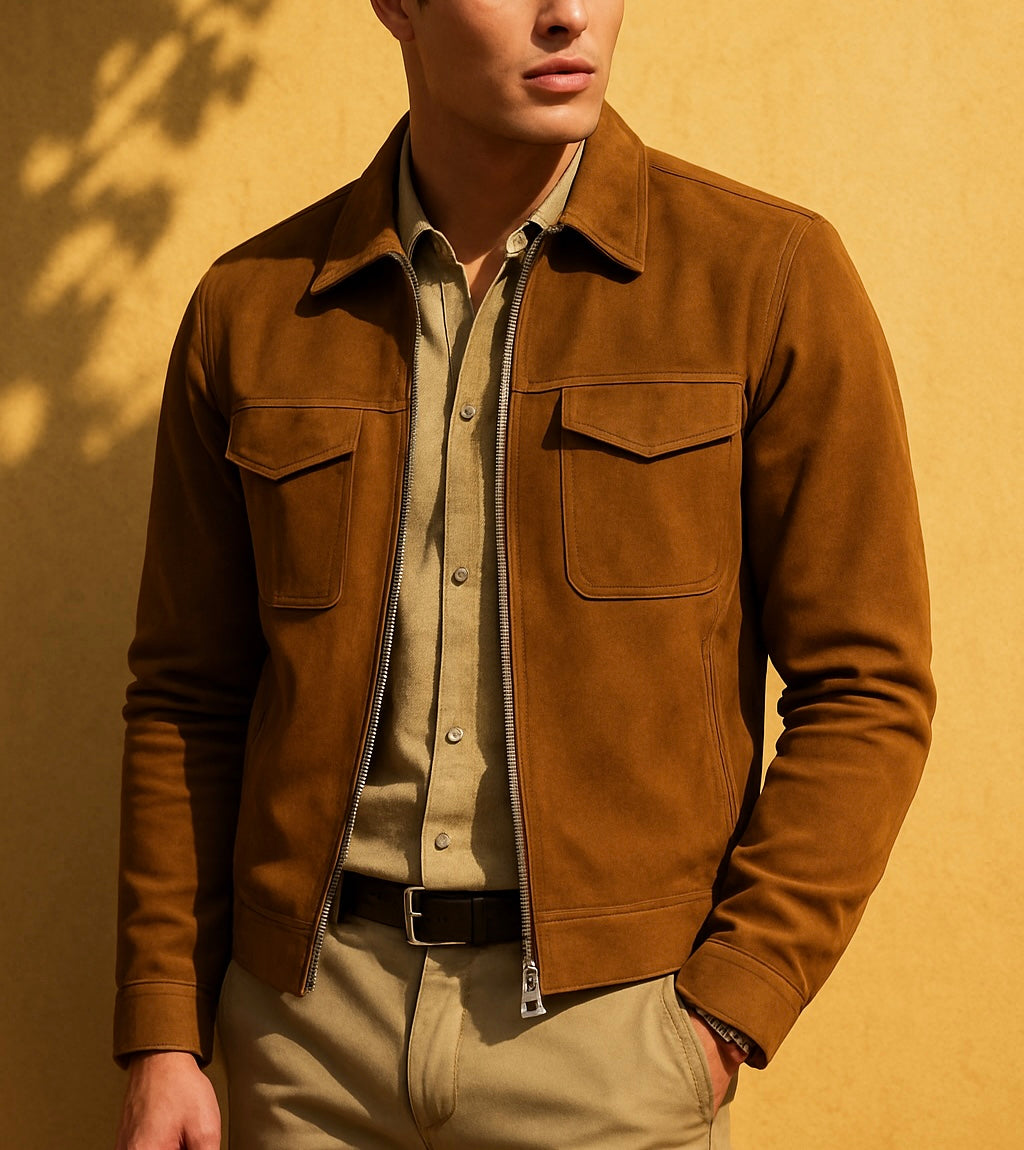 Men's Camel Suede Zip-Up Jacket