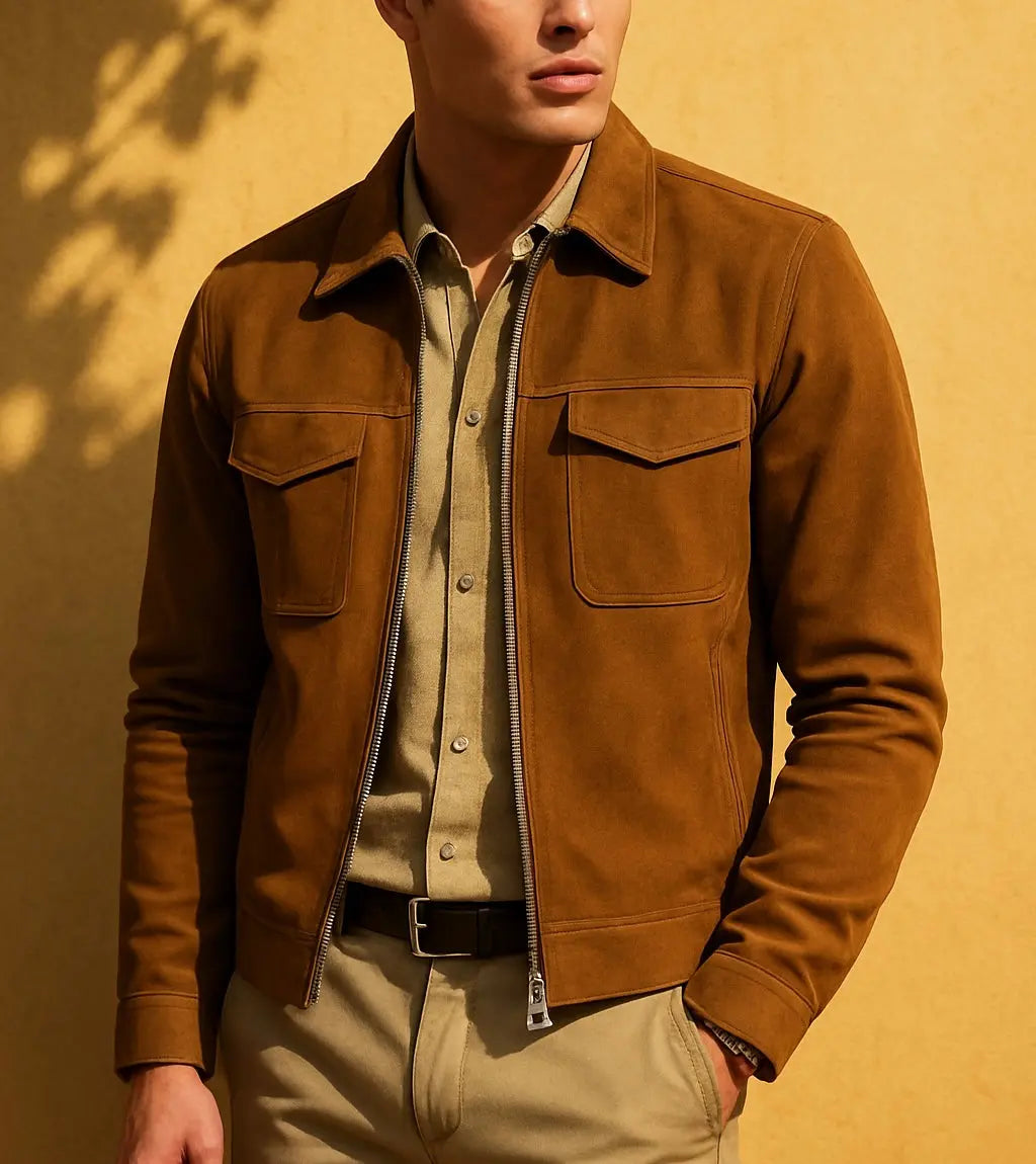 Men's Camel Suede Zip-Up Jacket Custom Leathers