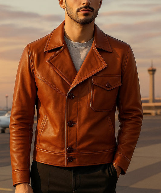 Men's Classic Cognac Brown Leather Jacket with Wide Lapel
