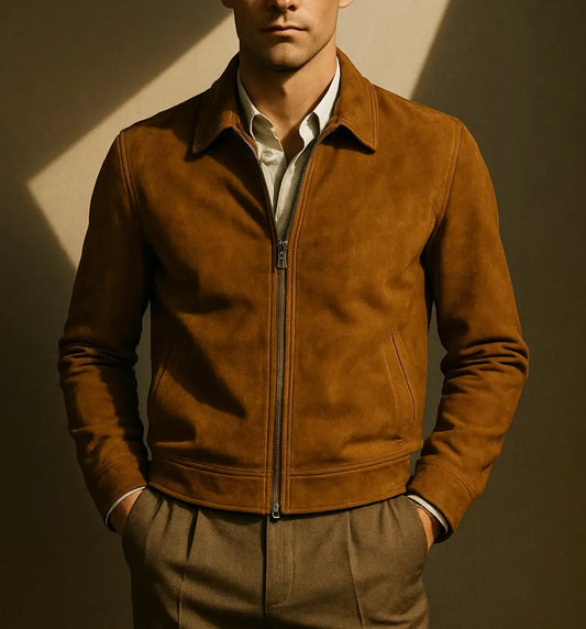 Men's Classic Tan Suede Zip Jacket Custom Leathers