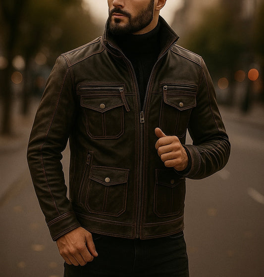 Men's Dark Brown Leather Jacket with Multi-Pocket Design