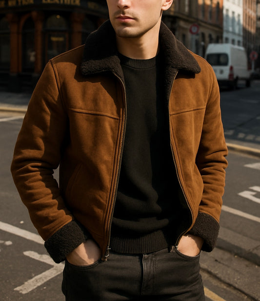 Men's Brown Shearling-Collar Suede Jacket
