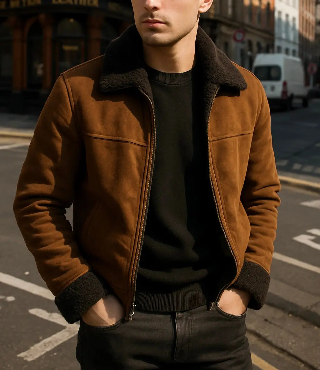 Men's Brown Shearling-Collar Suede Jacket Custom Leathers