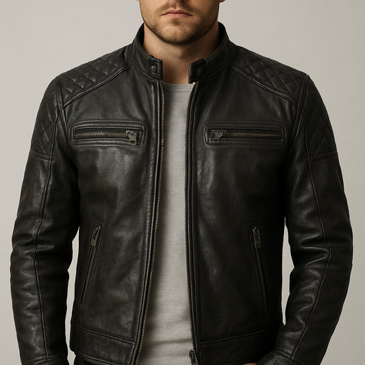 Men's Quilted Shoulder Black Leather Biker Jacket