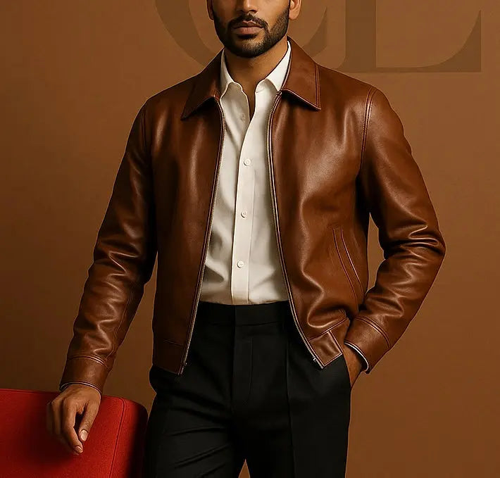 Classic Brown Leather Zip Jacket Custom Leathers