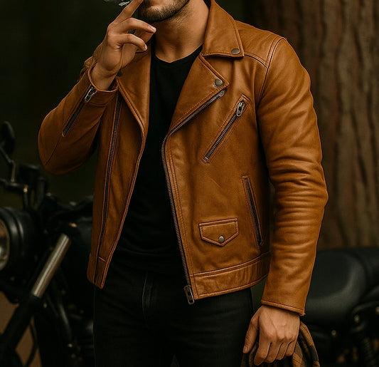 Men's Tan Leather Moto Jacket