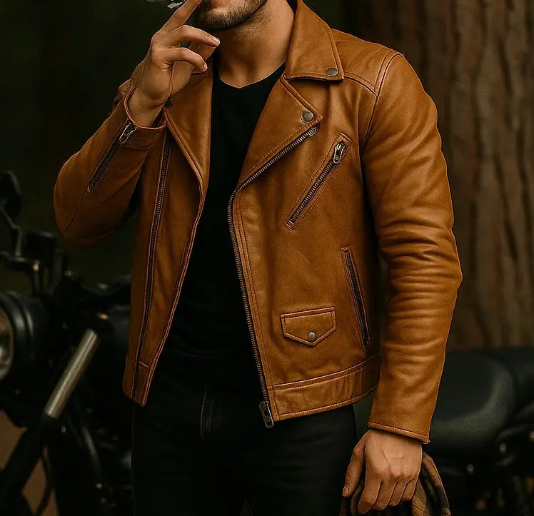 Men's Tan Leather Moto Jacket Custom Leathers