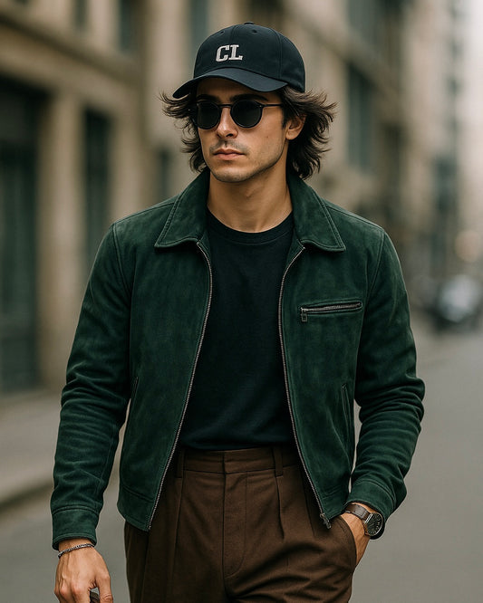 Men's Dark Green Suede Jacket with Zip Pockets
