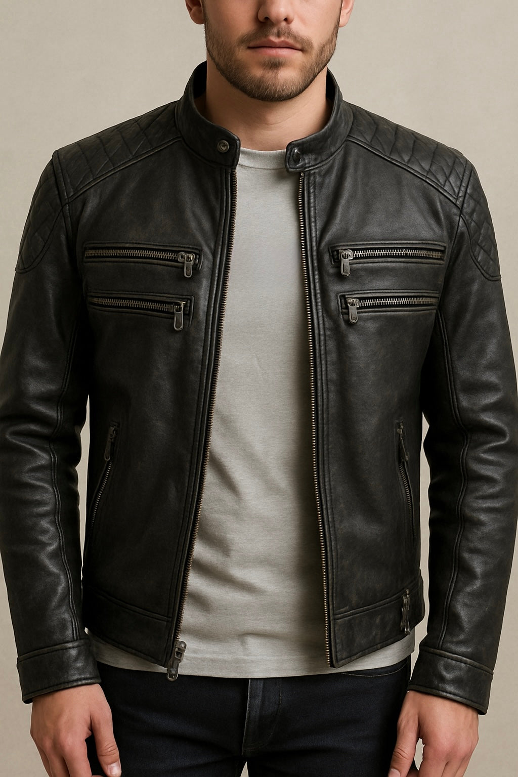 Men's Black Leather Biker Jacket