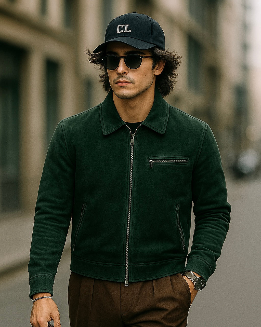 Men's Dark Green Suede Jacket with Zip Pockets