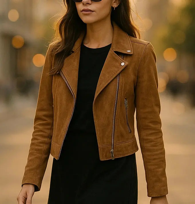 Women's Camel Suede Biker Jacket Custom Leathers