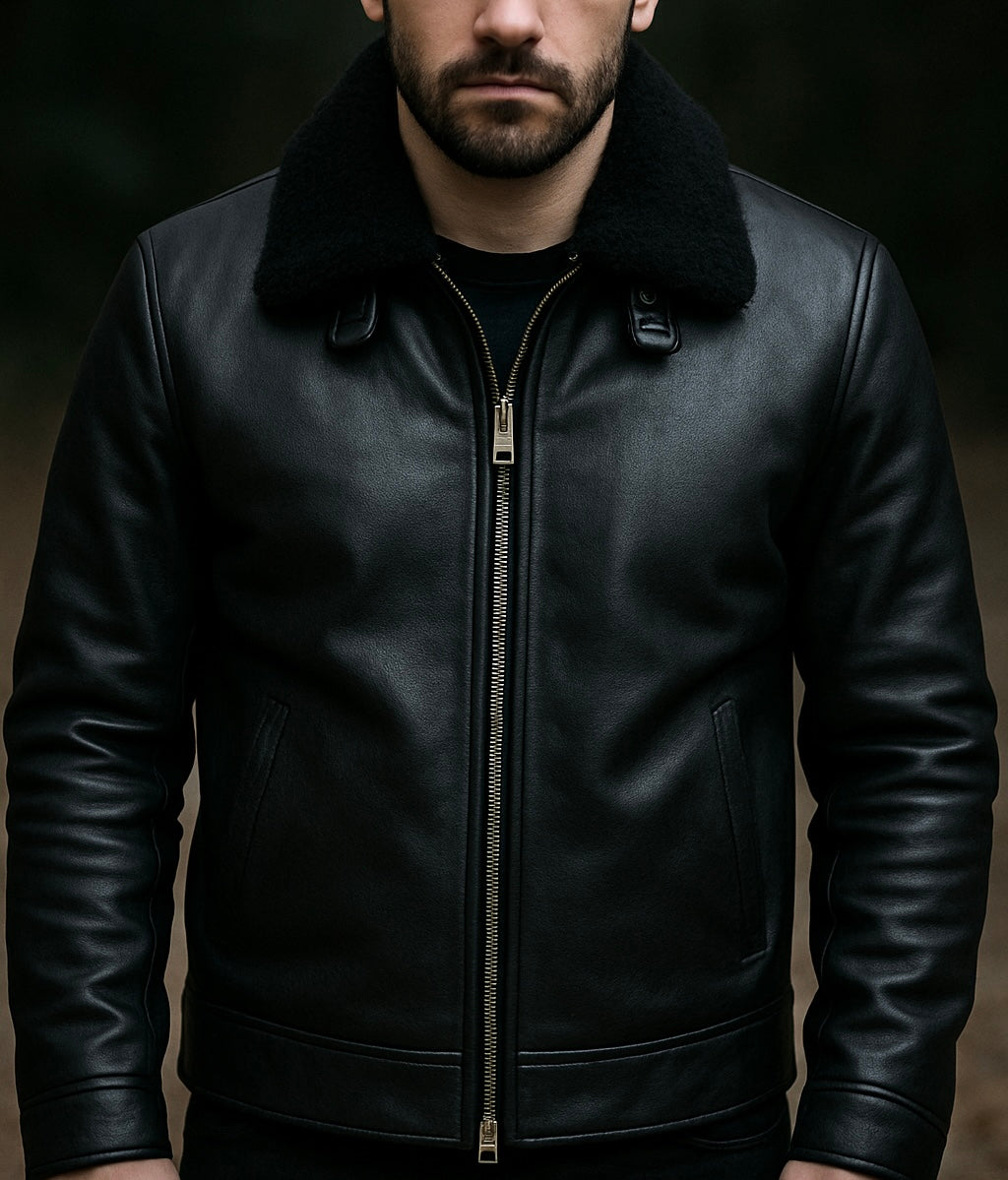 Men's Black Shearling Collar Leather Jacket