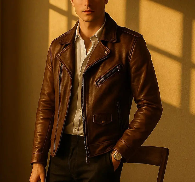 Classic Brown Leather Biker Jacket Custom Leathers