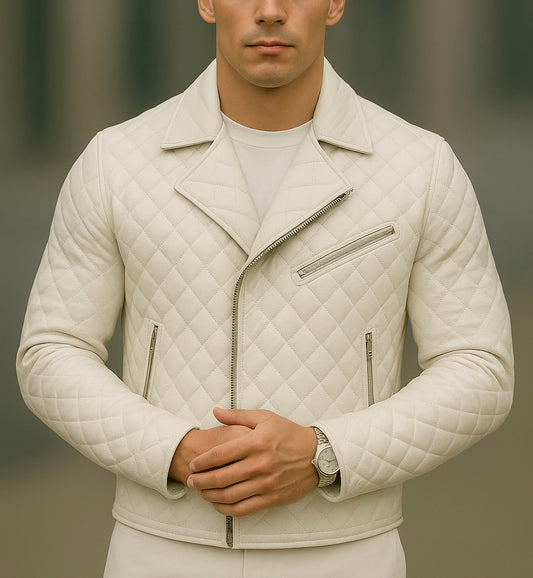 Men's Ivory Quilted Leather Biker Jacket