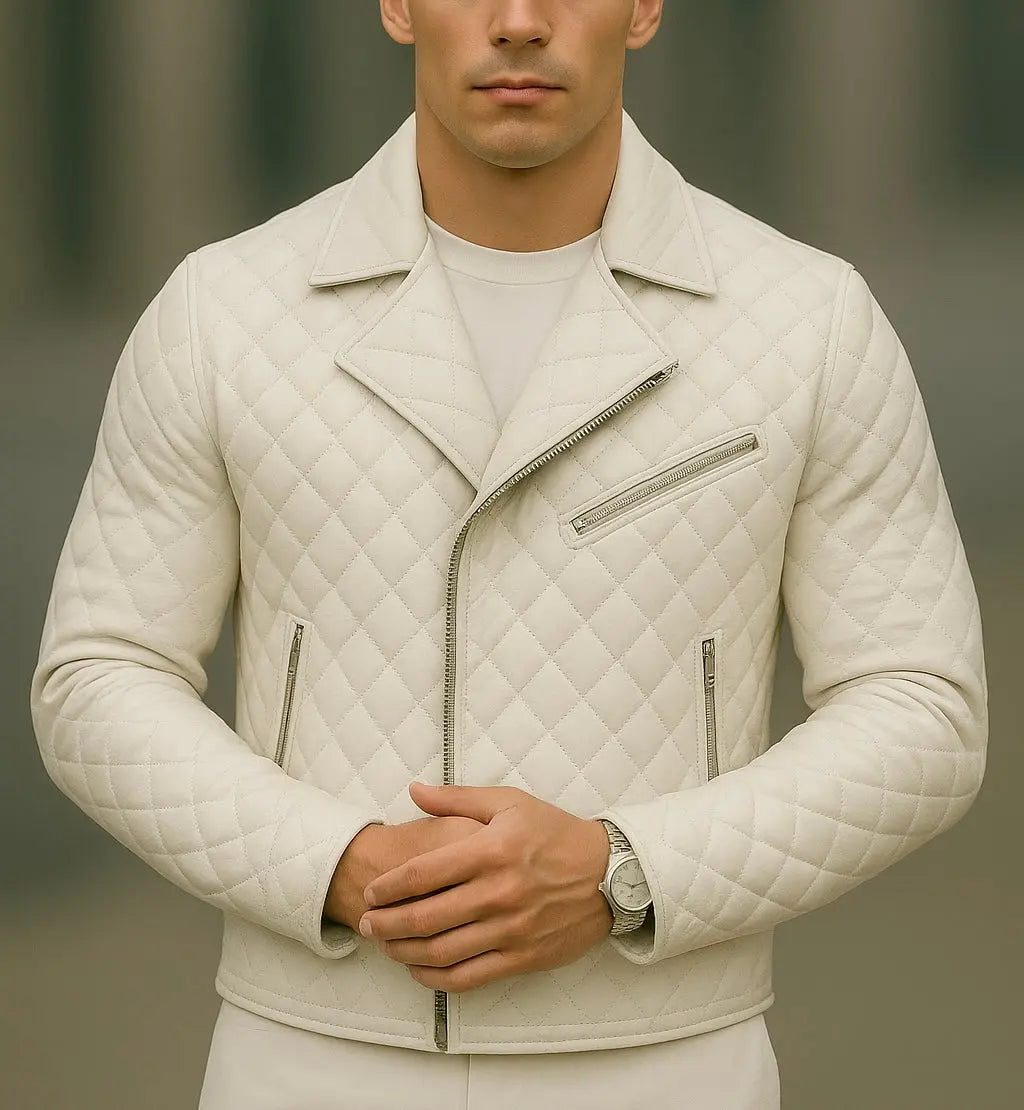 Men's Ivory Quilted Leather Biker Jacket Custom Leathers