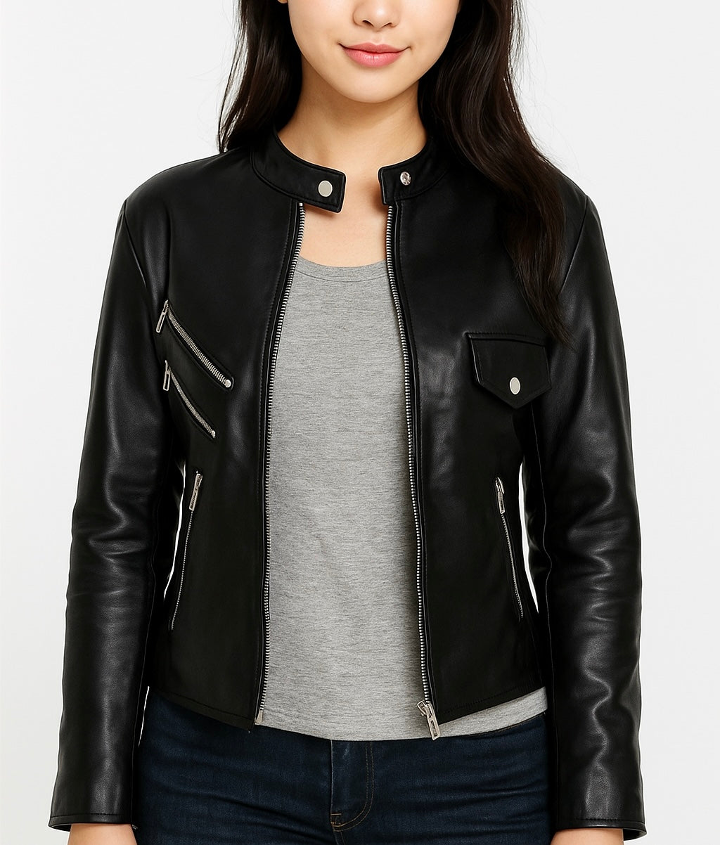 Women's Black Faux Leather Moto Jacket with Zipper