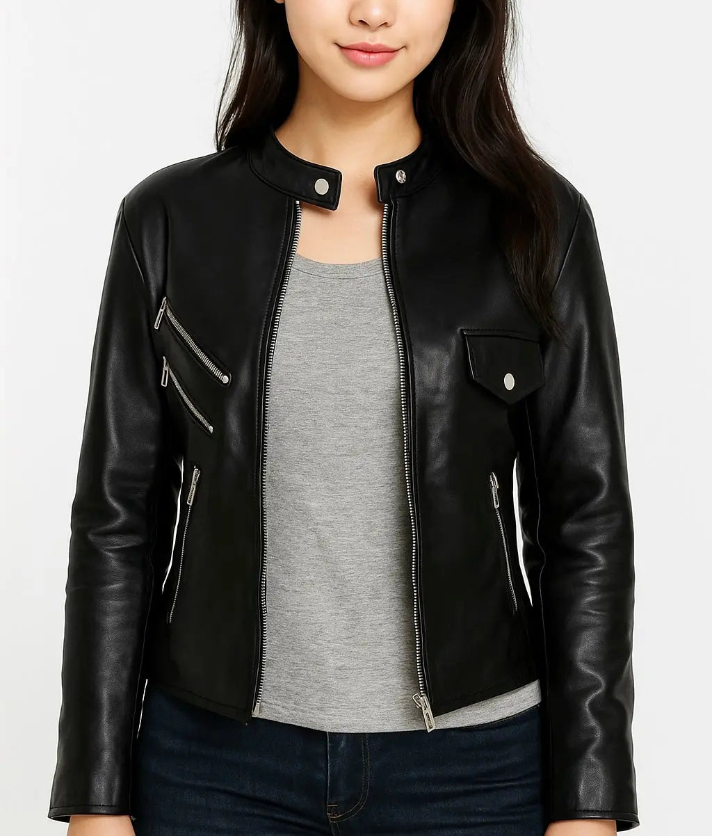 Women's Black Leather Moto Jacket with Zipper Custom Leathers