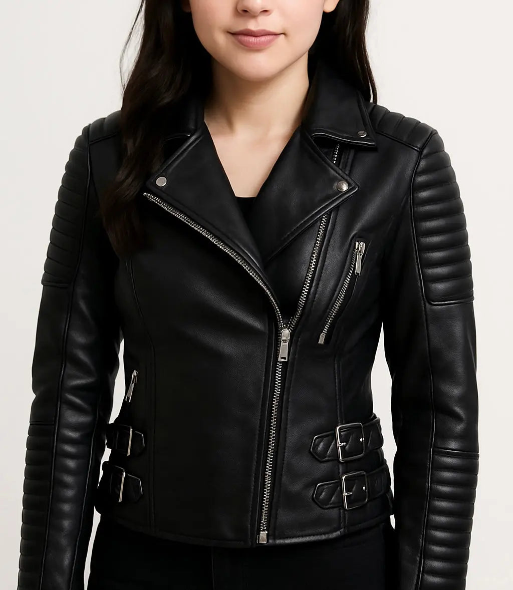 Women Black Leather Biker Jacket Custom Leathers