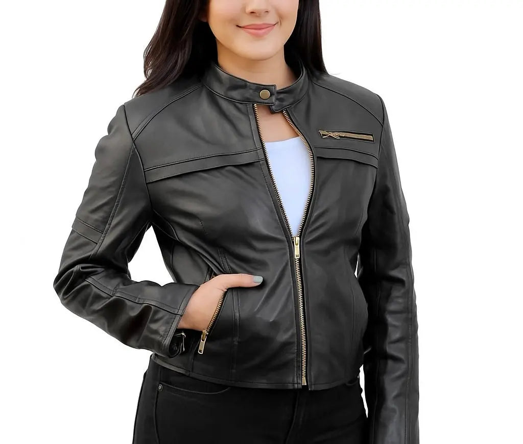 Black Leather Moto Jacket with Gold Zippers Custom Leathers
