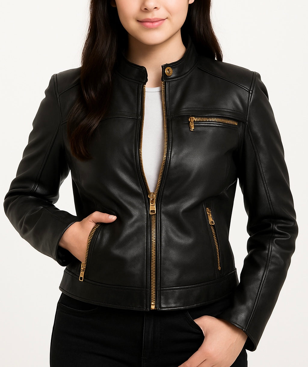 Black Faux Leather Moto Jacket with Gold Zippers