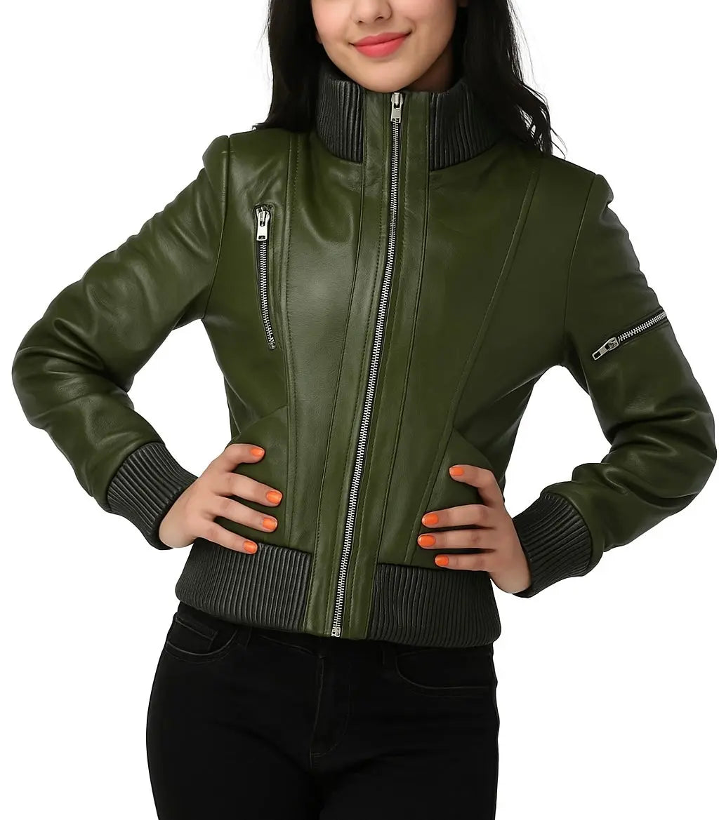 Women's Olive Green Leather Bomber Jacket Custom Leathers