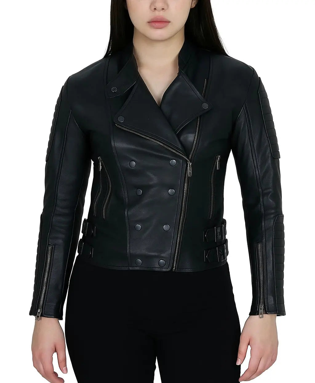 Women's Black Leather Double-Breasted Biker Jacket Custom Leathers