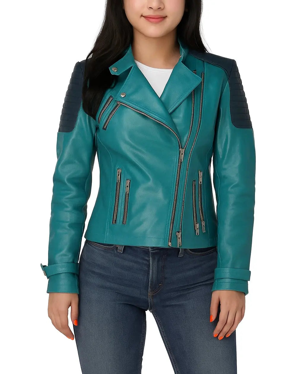 Women's Teal Leather Biker Jacket with Quilted Shoulders Custom Leathers