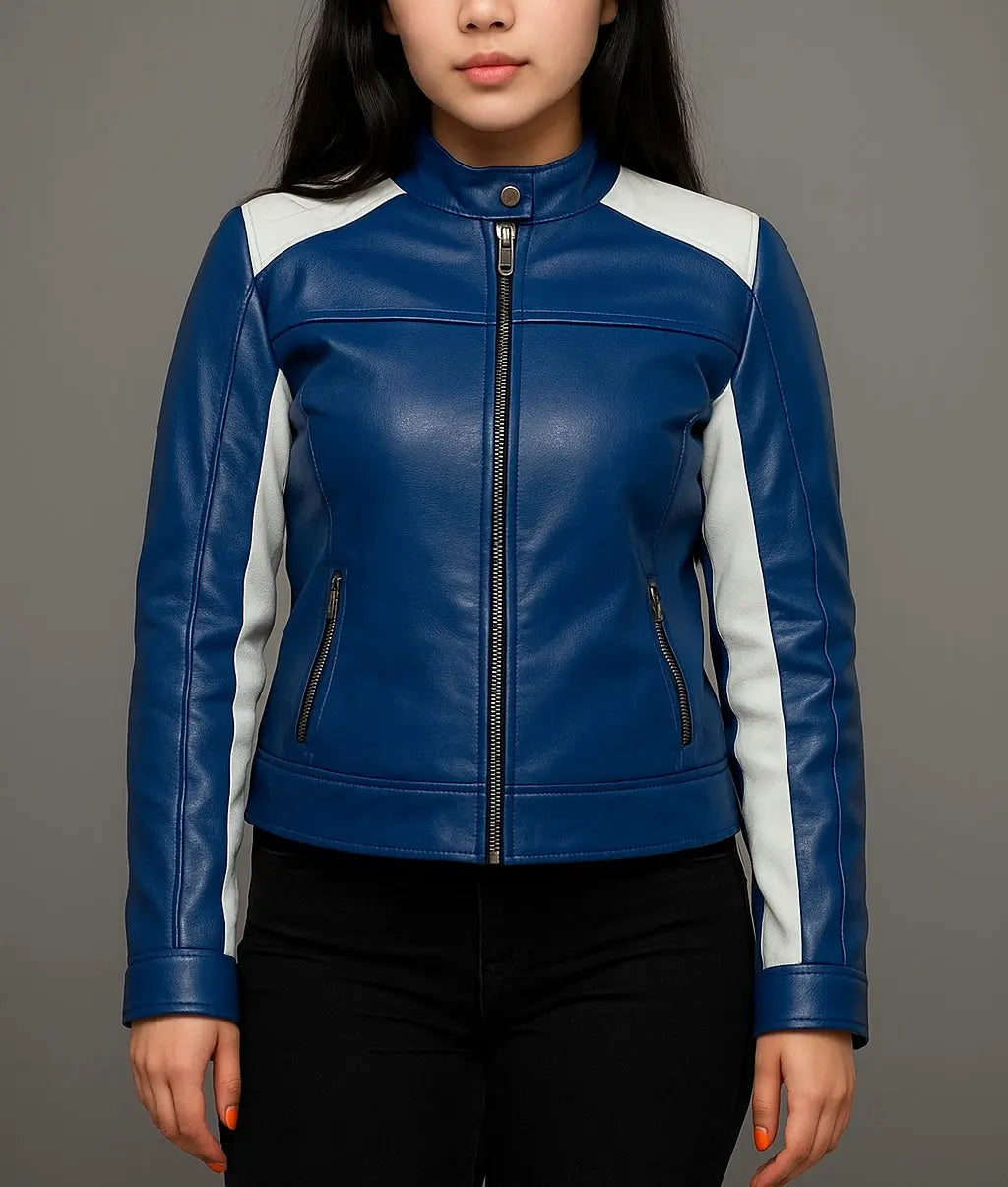 Women's Blue and White Leather Racer Jacket Custom Leathers
