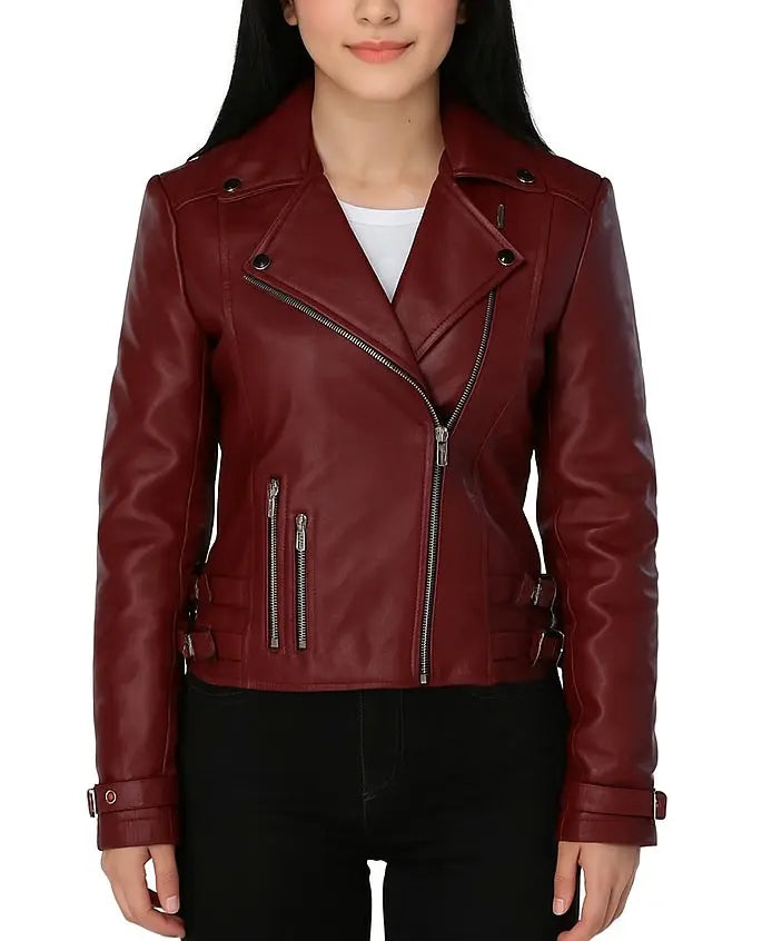 Women's Maroon Leather Biker Jacket Custom Leathers