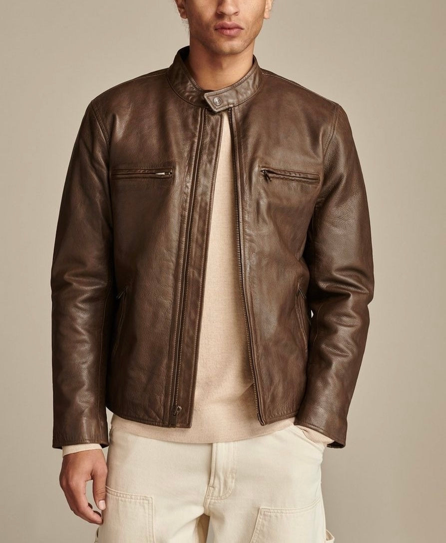 Men's Classic Brown Leather Jacket with Zipper Pockets