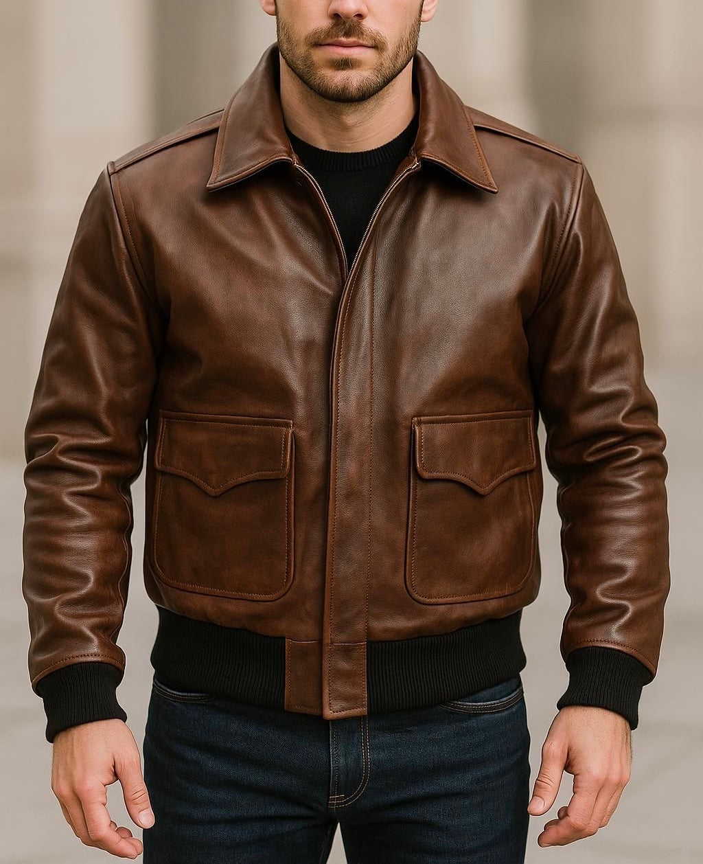Men's Brown Bomber Leather Jacket with Flap Pockets