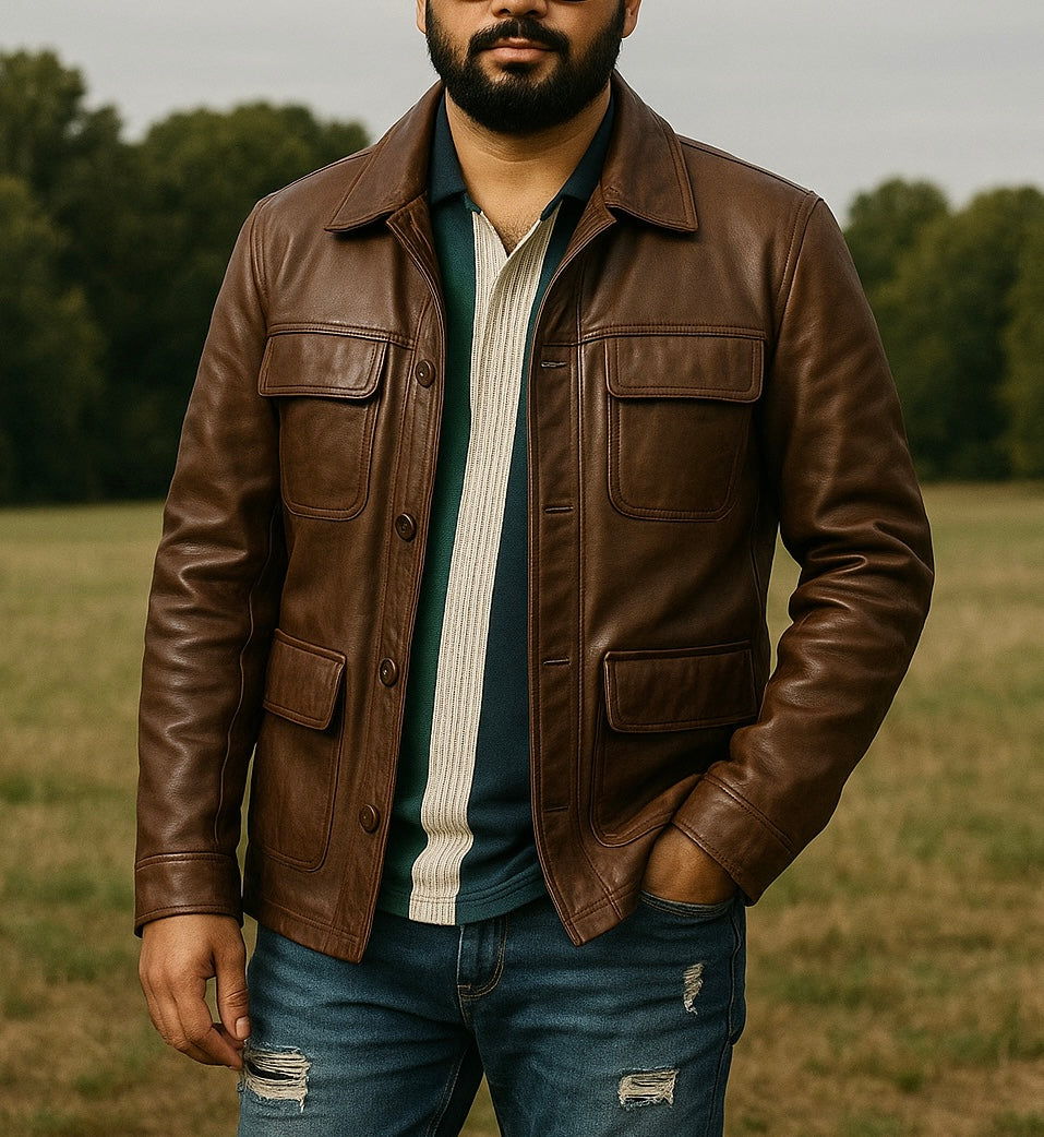 Men's Brown Four-Pocket Leather Field Jacket