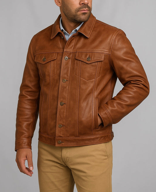 Men's Tan Leather Trucker Jacket