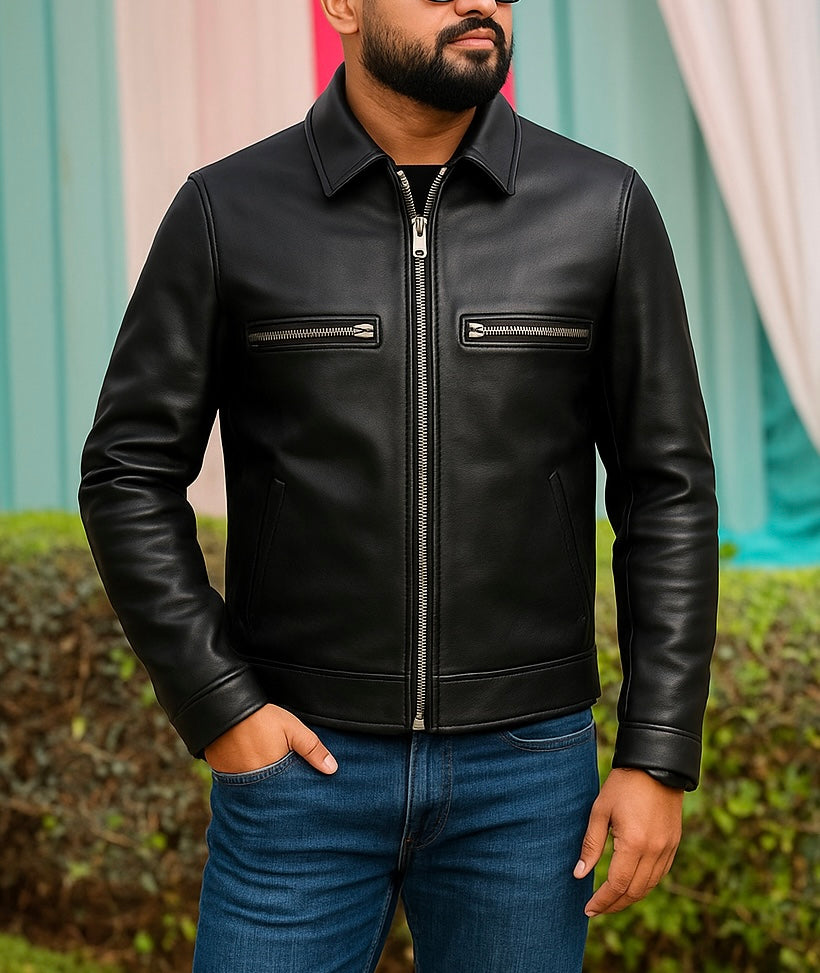 Men's Black Leather Biker Jacket with Zipper Pockets